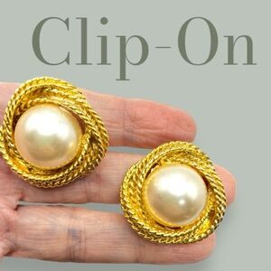 Faux Pearl Chunky Gold Clip-On Earrings Granny Core